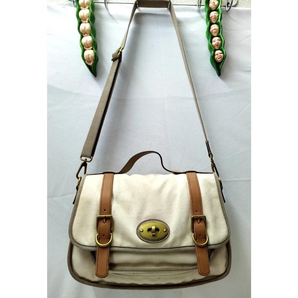 Fossil Long Live Vintage 54 Ivory Canvas Turnlock Flap Messenger Crossbody Bag